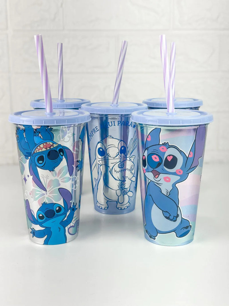 KIT 5 Copos Stitch Com Canudo
